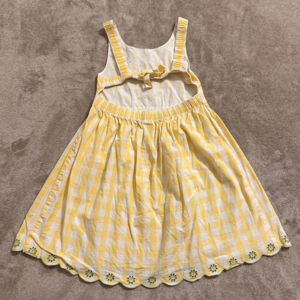 Gymboree Girls Yellow Gingham Cotton Dress Scalloped Eyelet Floral Back Bow